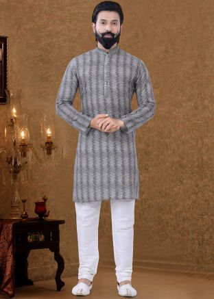 Readymade Grey Printed Mens Kurta Pyjama