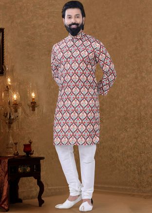 Readymade White Floral Cotton Kurta Pajama