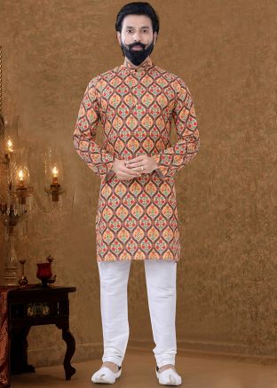 Readymade Orange Floral Cotton Kurta Pajama