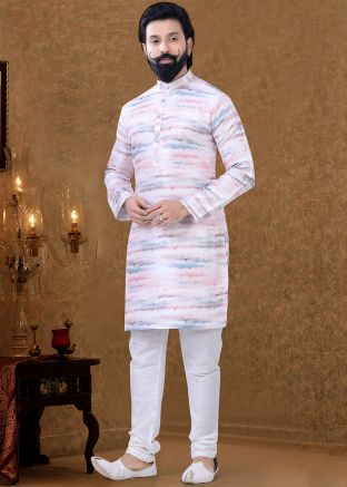 Readymade White Shaded Kurta Pajama In Cotton