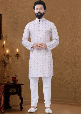 Readymade White Floral Printed Kurta Pajama In Cotton