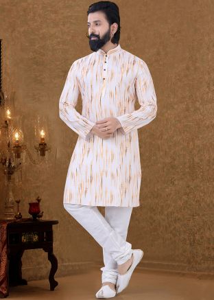 Readymade White Printed Mens Cotton Kurta Pajama
