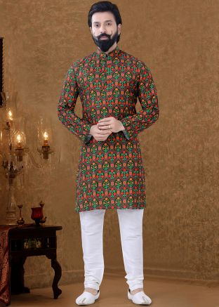 Readymade Green Floral Print Mens Cotton Kurta Pajama