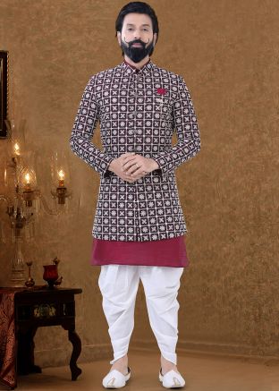 Readymade Magenta Embroidered Indo Western Sherwani Set