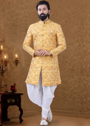 Yellow Readymade Printed Jacquard Indo Western Sherwani