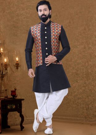 Black Readymade Printed Silk Indo Western Sherwani