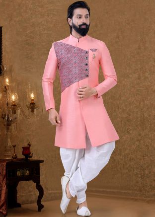 Peach Readymade Overlapped Indo Western Sherwani With Dhoti