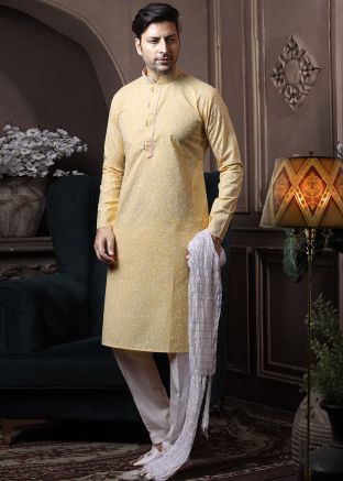 Yellow Cotton Floral Printed Kurta Pajama Set