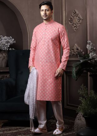 Peach Printed Kurta Pajama Set In Cotton