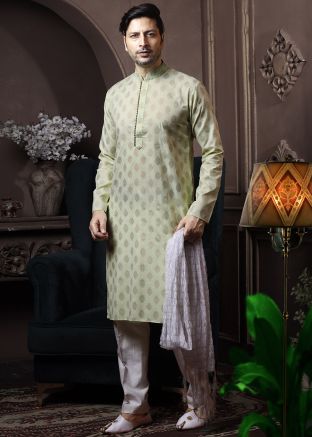 Readymade Green Printed Kurta Pajama For Men
