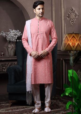 Peach Floral Printed Kurta With Pajama