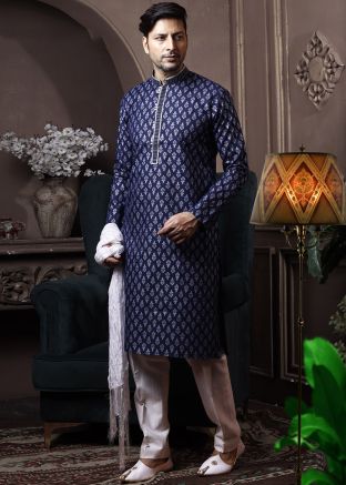 Navy Blue Printed Design Kurta Pajama Set