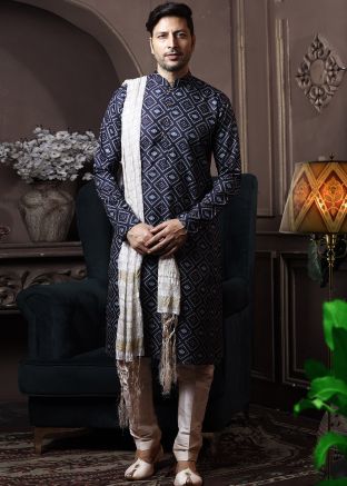 Readymade Navy Blue Printed Kurta With Pant