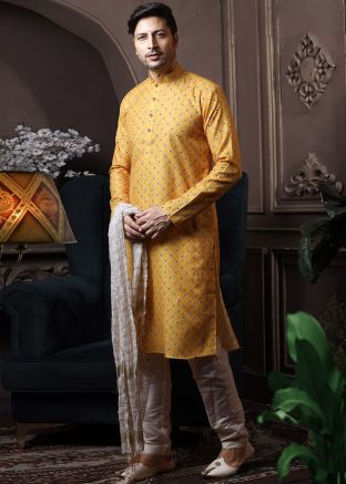 Yellow Readymade Printed Kurta Pajama For Men