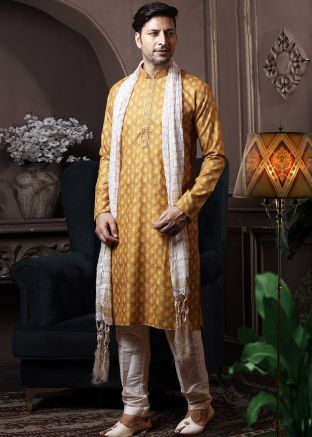 Yellow Readymade Mens Printed Kurta Pajama