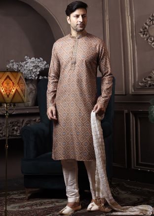 Brown Printed Designs Mens Kurta Pajama