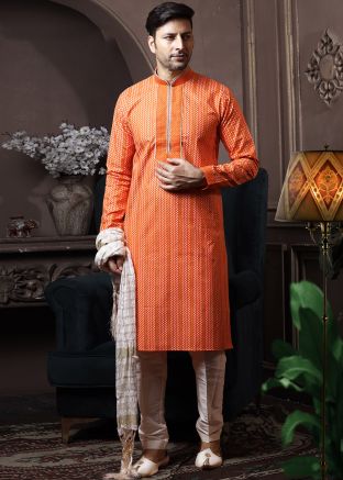Orange Mens Printed Kurta Pajama Set