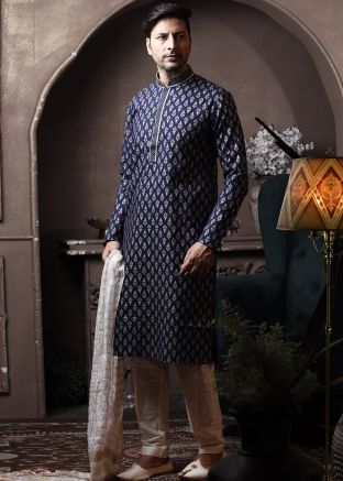 Navy Blue Mens Kurta Pajama Set In Cotton