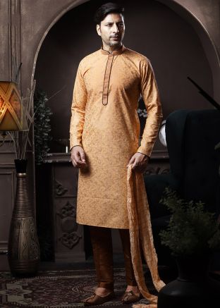 Peach Printed Cotton Kurta Pajama Set