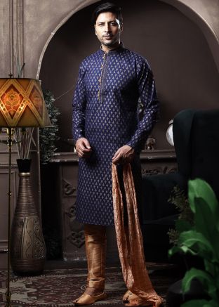 Readymade Navy Blue Mens Printed Kurta Pajama