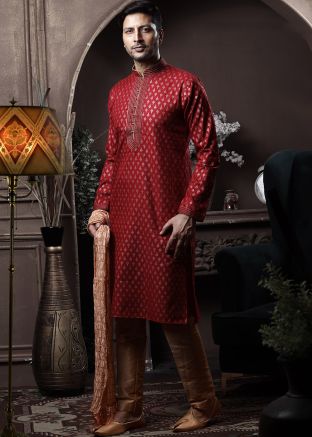 Maroon Printed Mens Kurta With Pajama