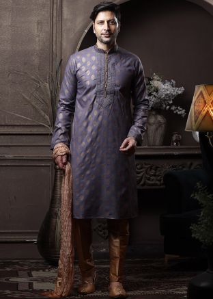 Readymade Grey Printed Mens Kurta Pajama Set