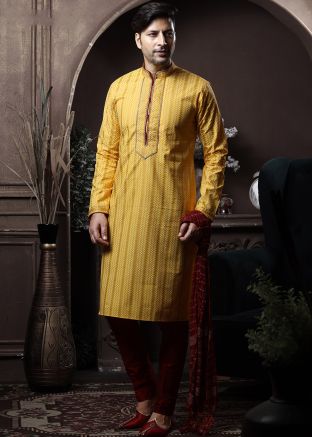 Yellow Mens Printed Kurta With Pajama