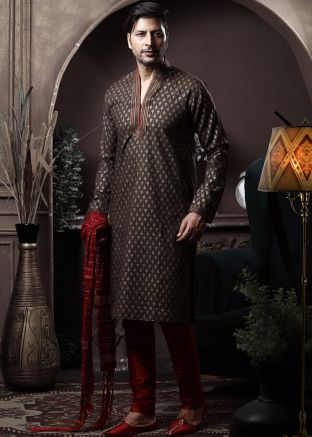 Mens Brown Kurta Pajama In Printed Design