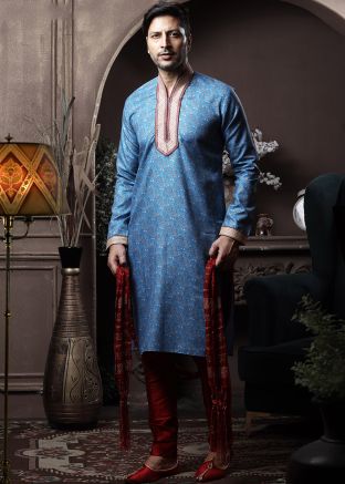 Blue Floral Printed Kurta With Pajama