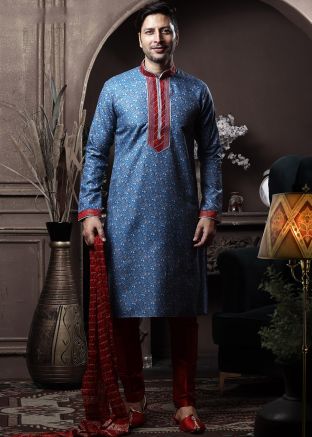 Blue Readymade Floral Printed Kurta Pajama Set