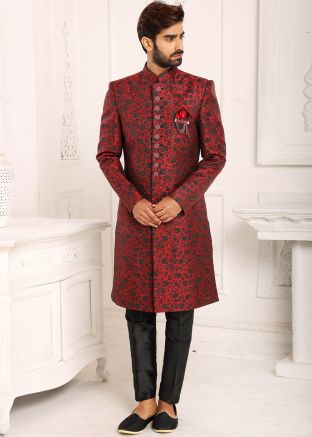 Maroon Indo Western Sherwani In Woven Work