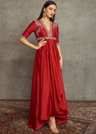 Red Embroidered Long Kurta In Art Silk