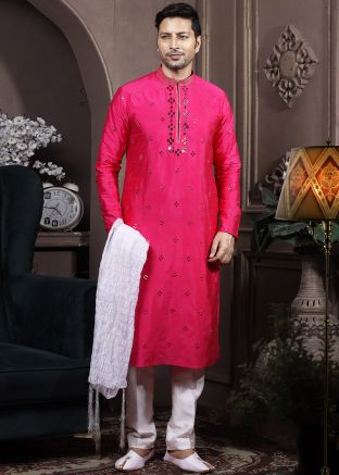 Pink Mirror Work Readymade Silk Kurta Pyjama