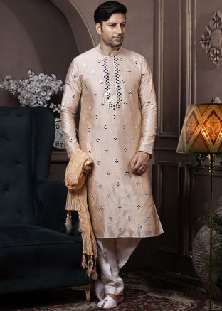 Cream Mirror Embroidered Readymade Silk Kurta Pajama
