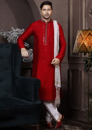 Red Readymade Silk Kurta Pyjama With Mirror Work