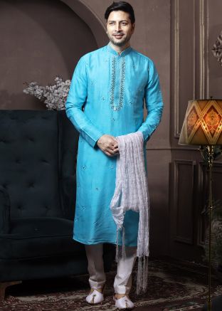 Blue Readymade Kurta Pyjama With Mirror Work