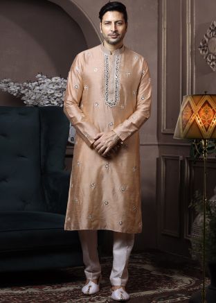 Beige Readymade Mirror Embroidered Kurta Pajama