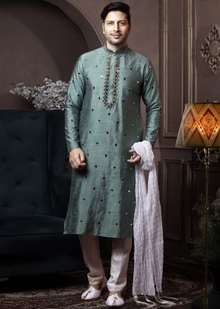 Readymade Green Mirror Embroidered Kurta Pajama