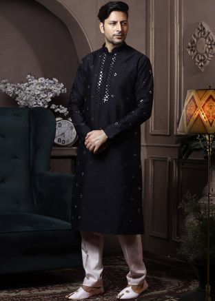 Black Readymade Mirror Embroidered Kurta Pyjama