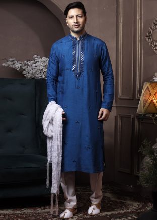 Blue Readymade Mirror Embroidered Silk Kurta Pyjama