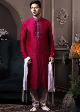 Red Silk Readymade Mirror Embroidered Kurta Pyjama