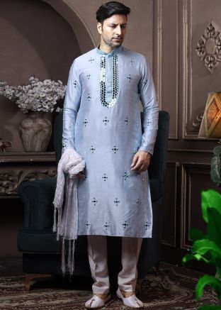 Blue Silk Readymade Mirror Embroidered Kurta Pyjama