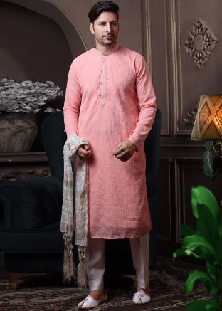Peach Readymade Chikankari Kurta Pajama In Georgette