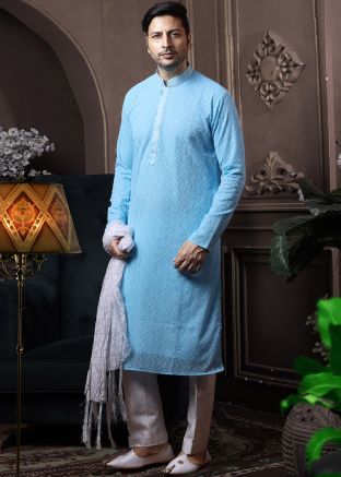Readymade Blue Chikankari Kurta Pajama In Georgette