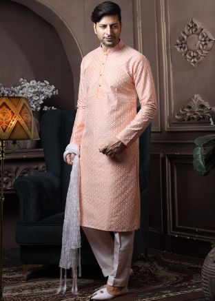 Orange Readymade Chikankari Embroidered Silk Kurta Pajama