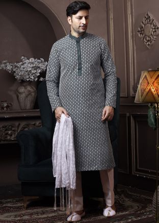 Black Chikankari Readymade Kurta Pajama in Silk