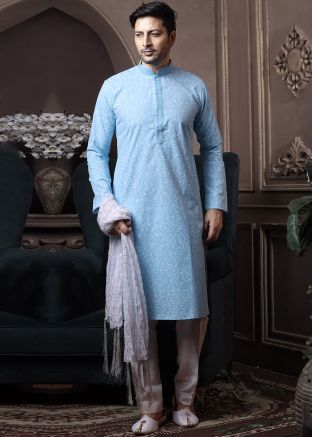 Readymade Blue Floral Kurta Pajama In Cotton