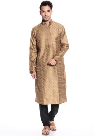 Readymade Beige Brocade Kurta Pyjama Set