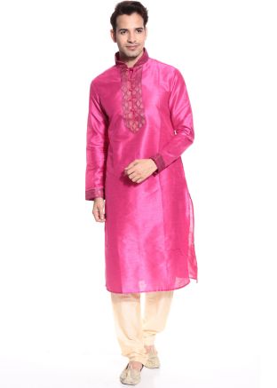 Readymade Pink Art Silk Kurta Pyjama Set