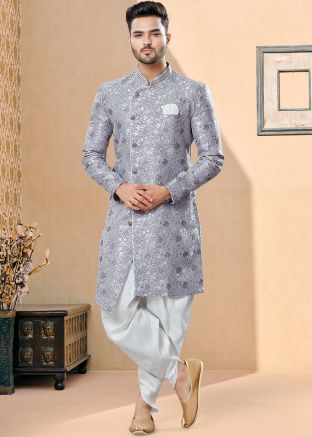 Readymade Silver Asymmetric Woven Sherwani With Dhoti